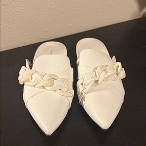 Shoe Republic LA White Mules with Chain Accent